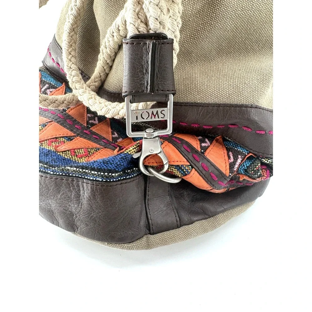 TOMS Canvas Drawstring Pouch Sak Bag Geometric Embroidered Boho Faux Leather